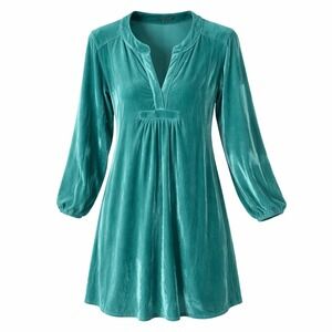 Bad Little Country Girl Teal Velvet Short Dress Size M Split Neck Pockets